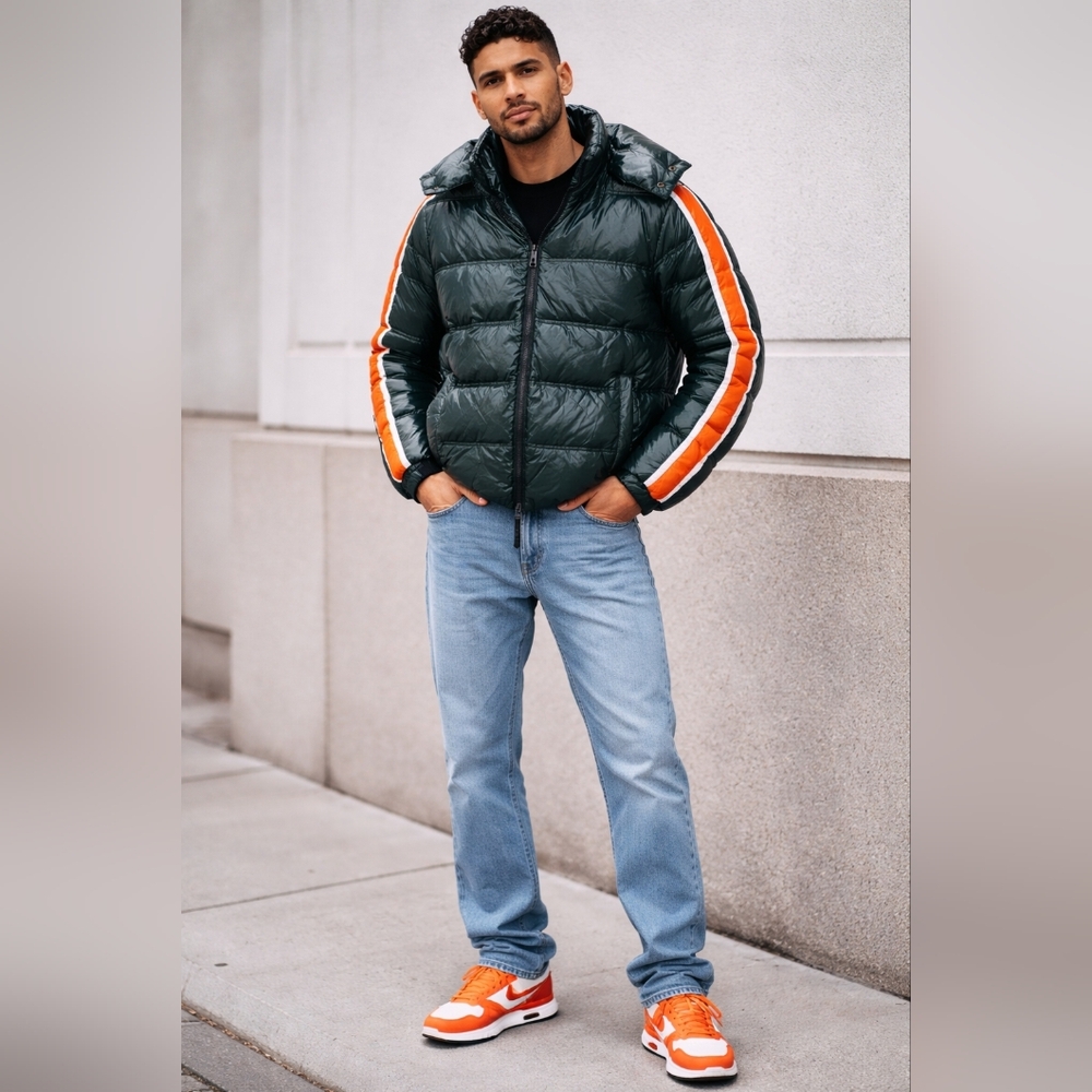 Duvetica Bixio Down Hood Jacket Coat Shiny Green Stripe Puffer Euro 50 Large